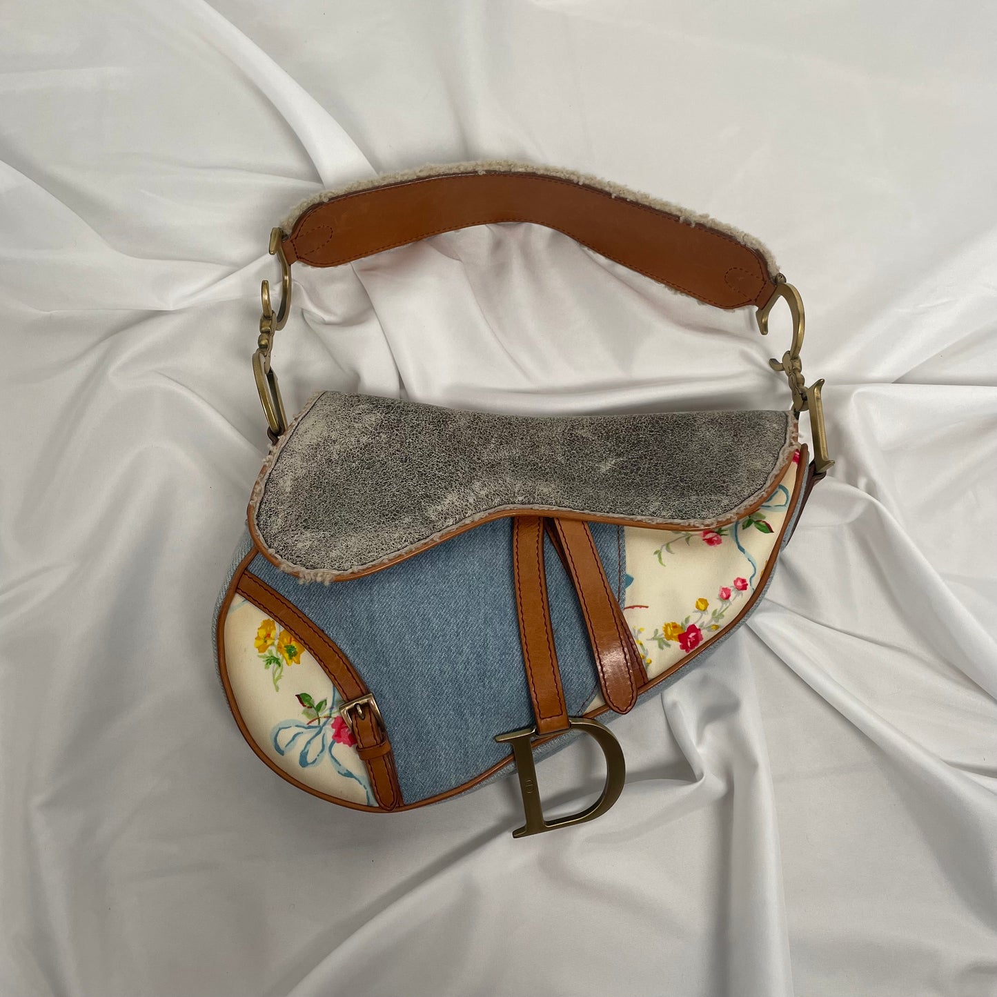 Dior floral denim saddle shoulder bag