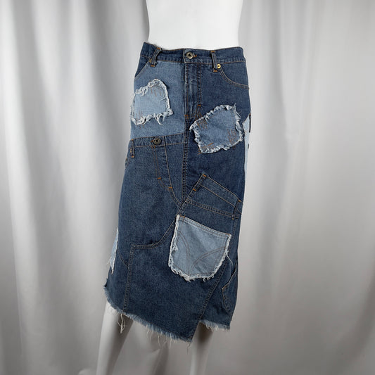 Dolce and Gabbana denim patchwork midi skirt