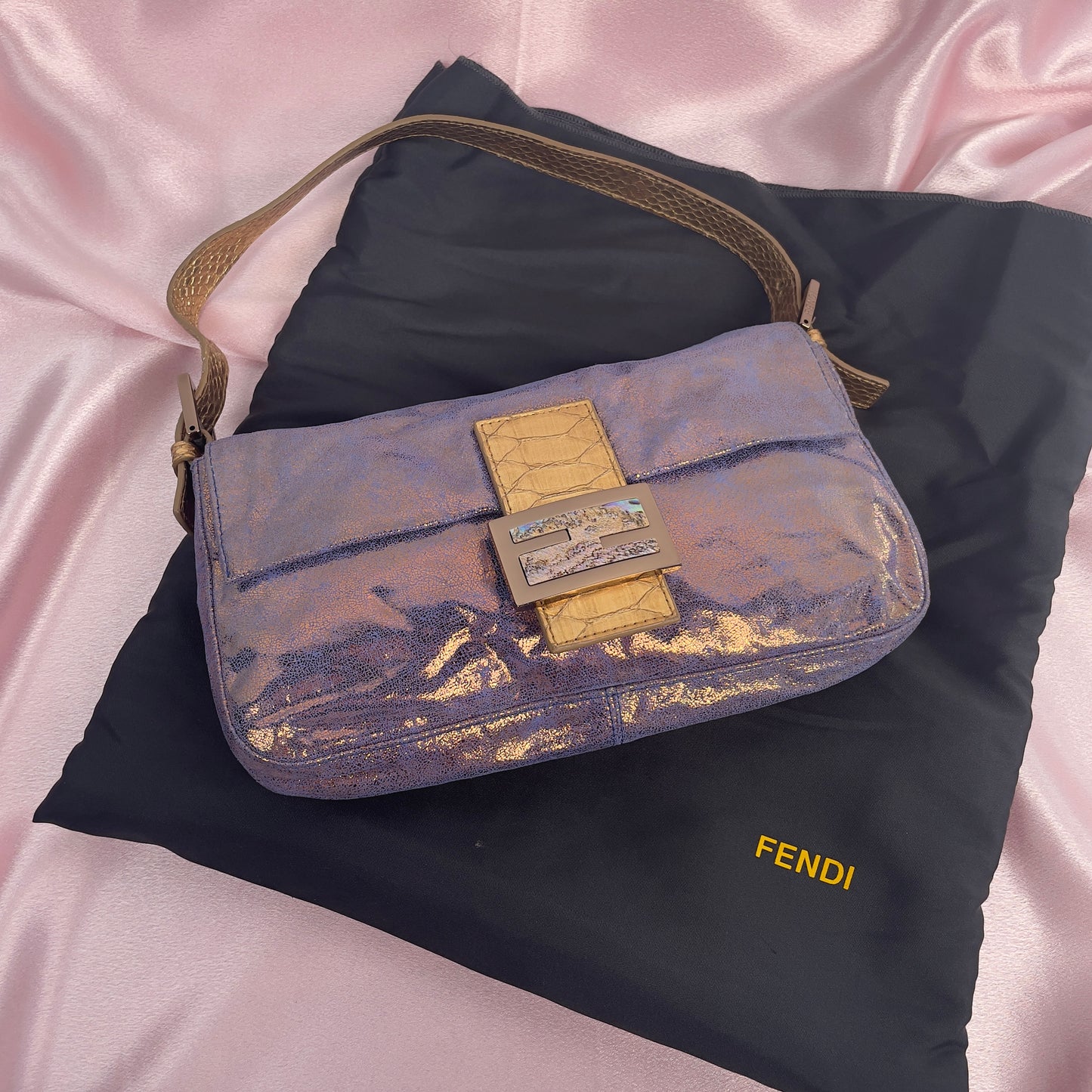 Fendi iridescent suede baguette with stone zucca