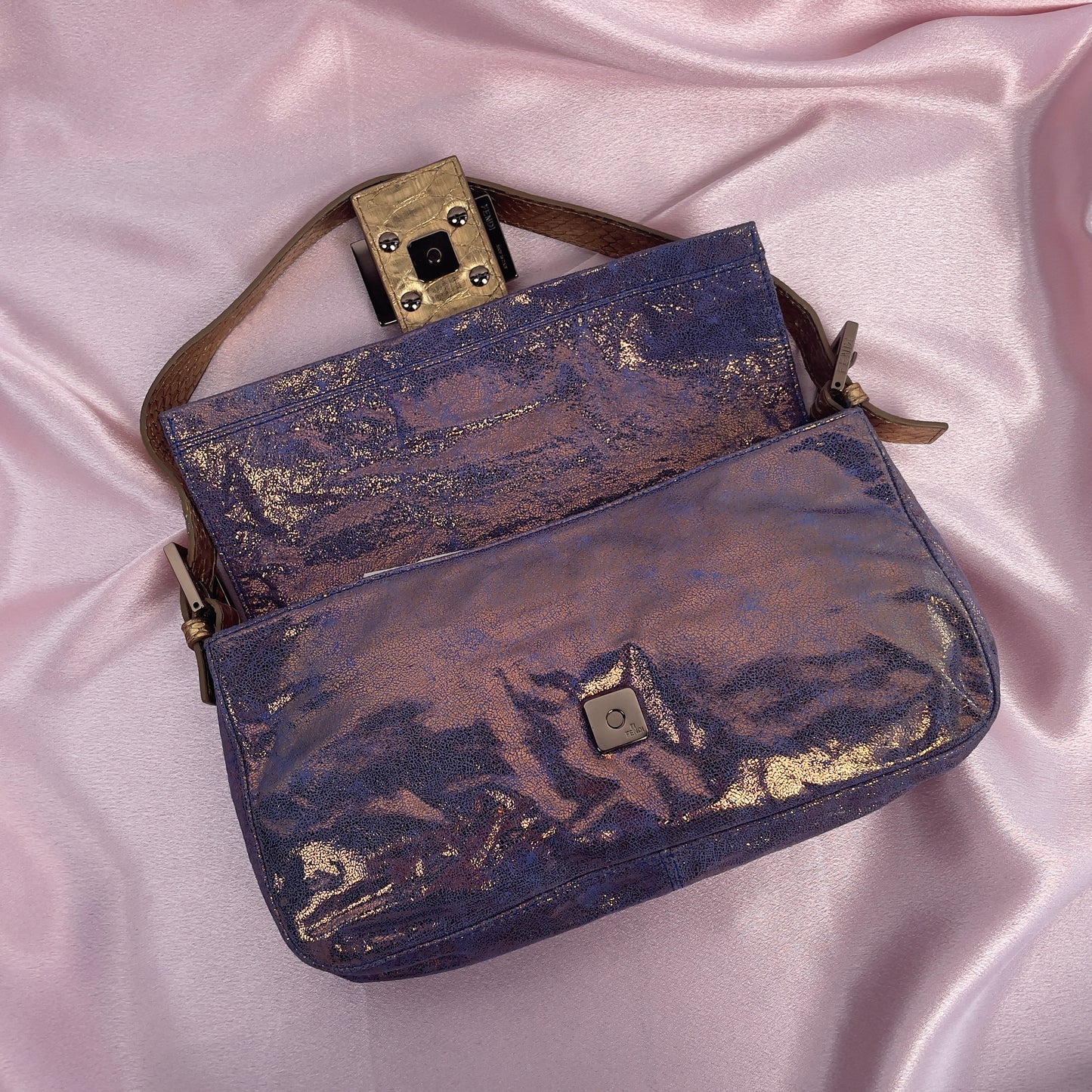 Fendi iridescent suede baguette with stone zucca