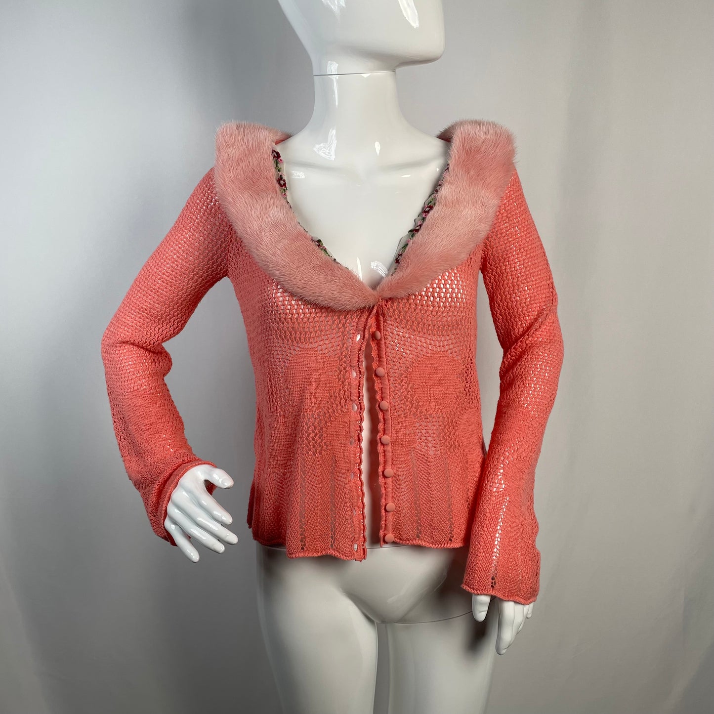 Blumarine pink cardigan with mink fur collar and floral beaded trim