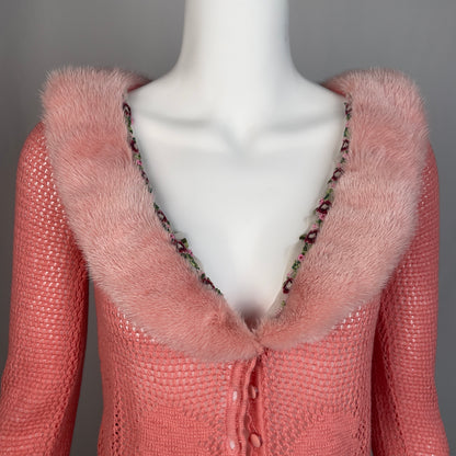 Blumarine pink cardigan with mink fur collar and floral beaded trim