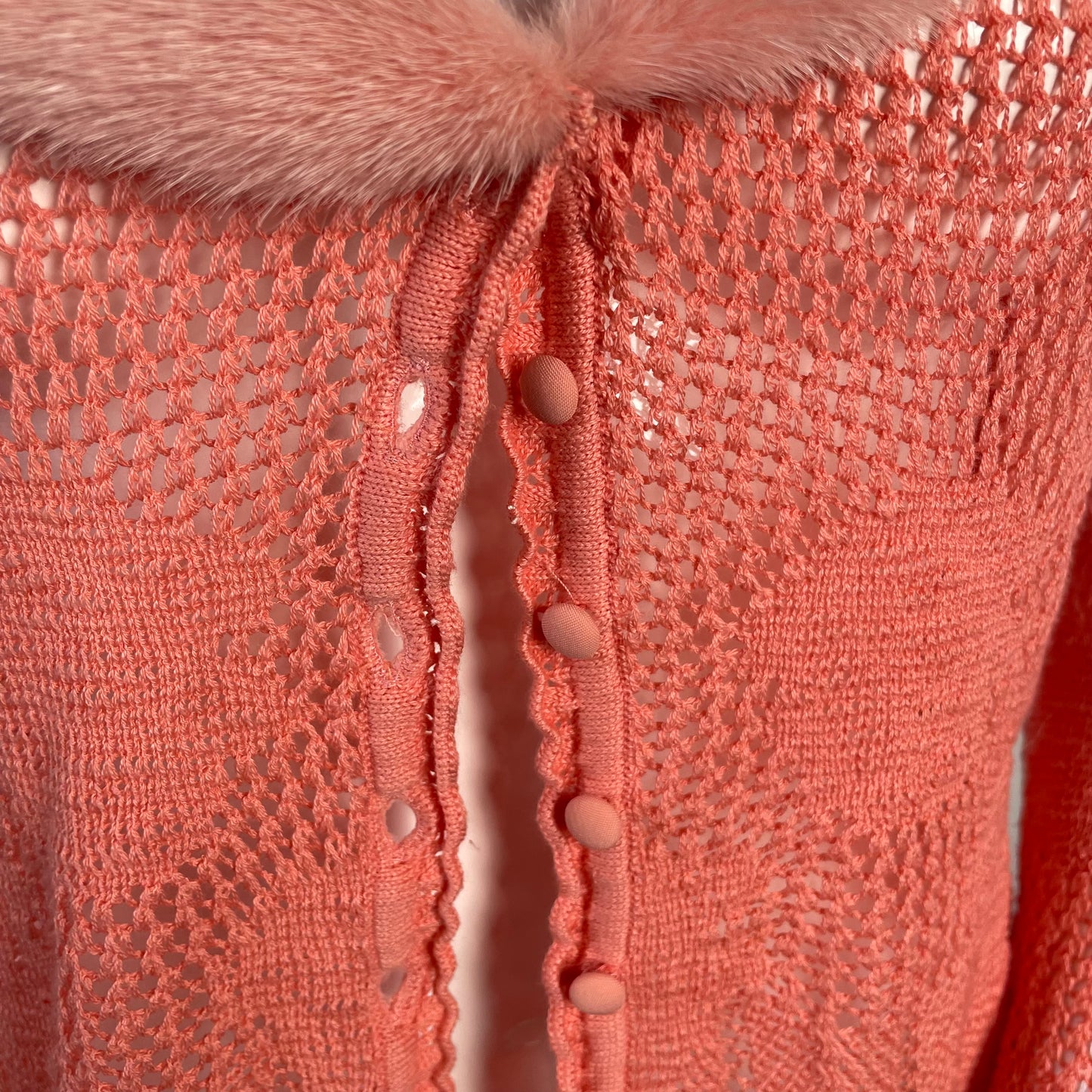 Blumarine pink cardigan with mink fur collar and floral beaded trim