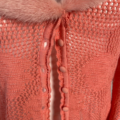Blumarine pink cardigan with mink fur collar and floral beaded trim
