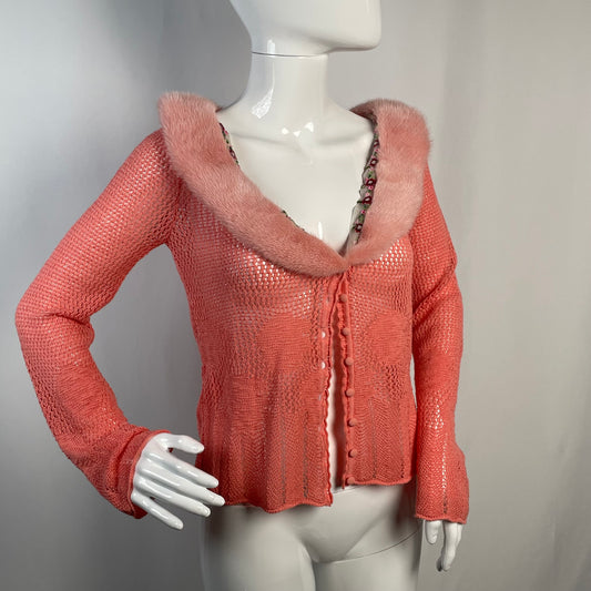 Blumarine pink cardigan with mink fur collar and floral beaded trim