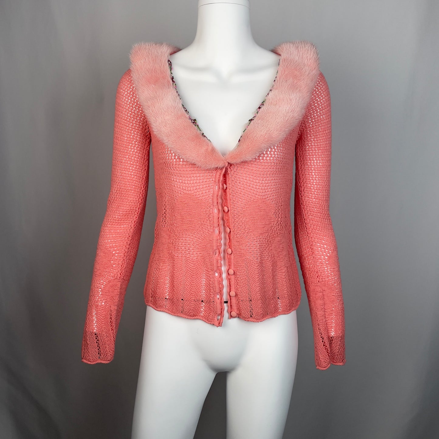 Blumarine pink cardigan with mink fur collar and floral beaded trim