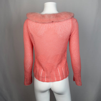Blumarine pink cardigan with mink fur collar and floral beaded trim