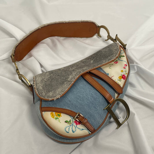 Dior floral denim saddle shoulder bag