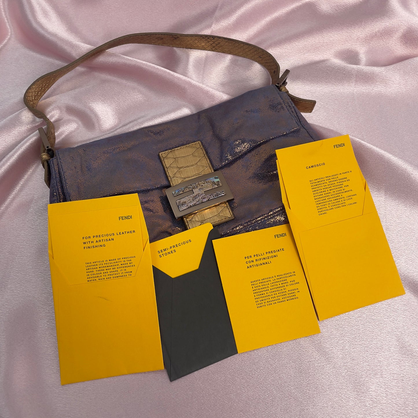 Fendi iridescent suede baguette with stone zucca