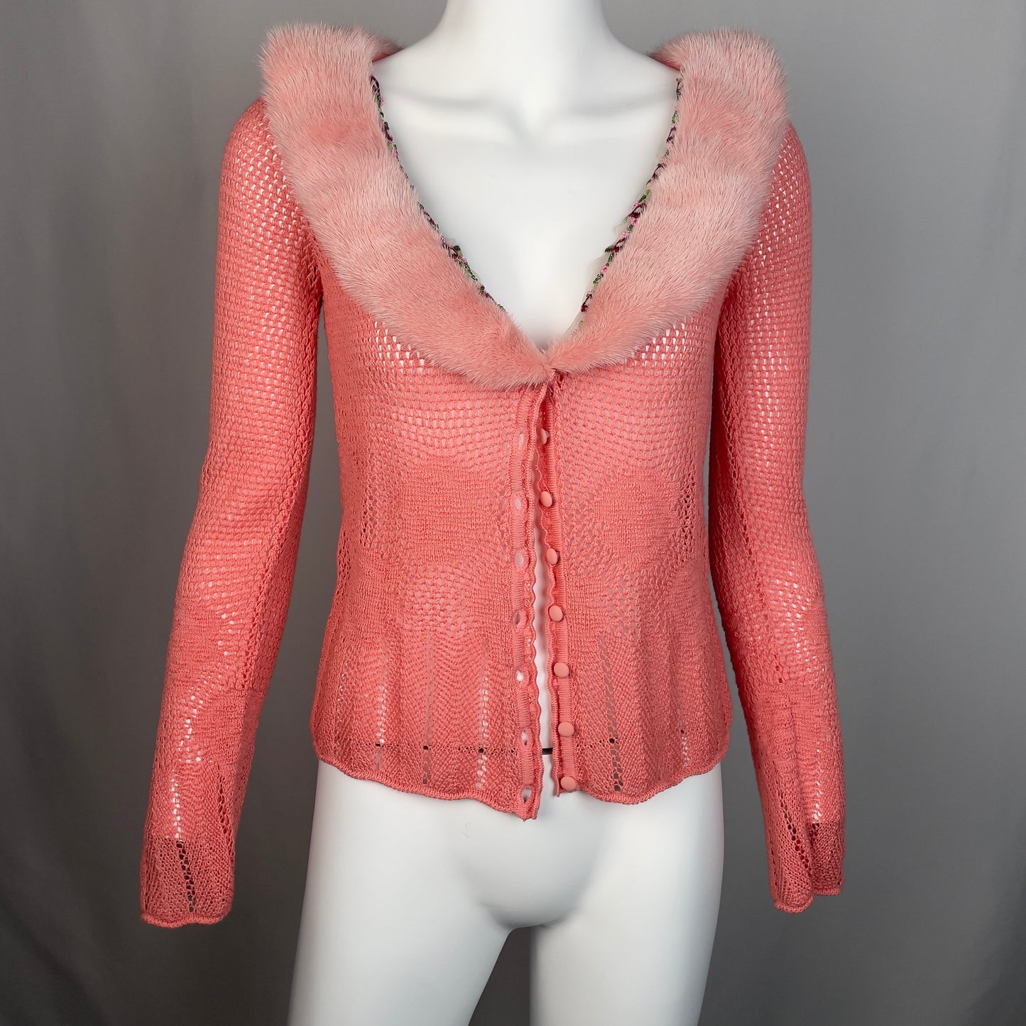 Blumarine pink cardigan with mink fur collar and floral beaded trim
