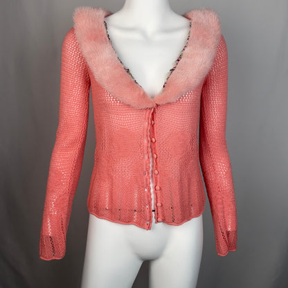 Blumarine pink cardigan with mink fur collar and floral beaded trim