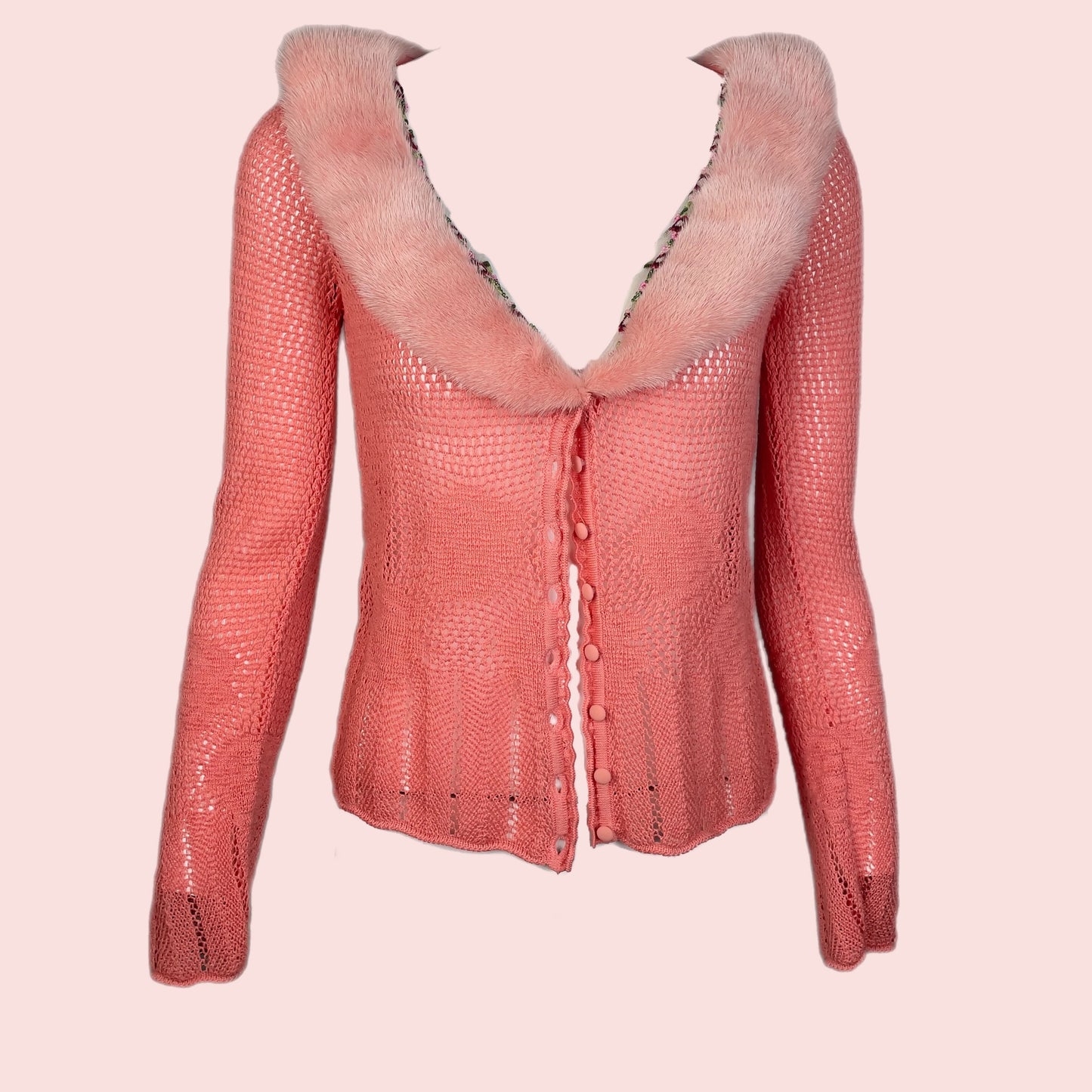 Blumarine pink cardigan with mink fur collar and floral beaded trim