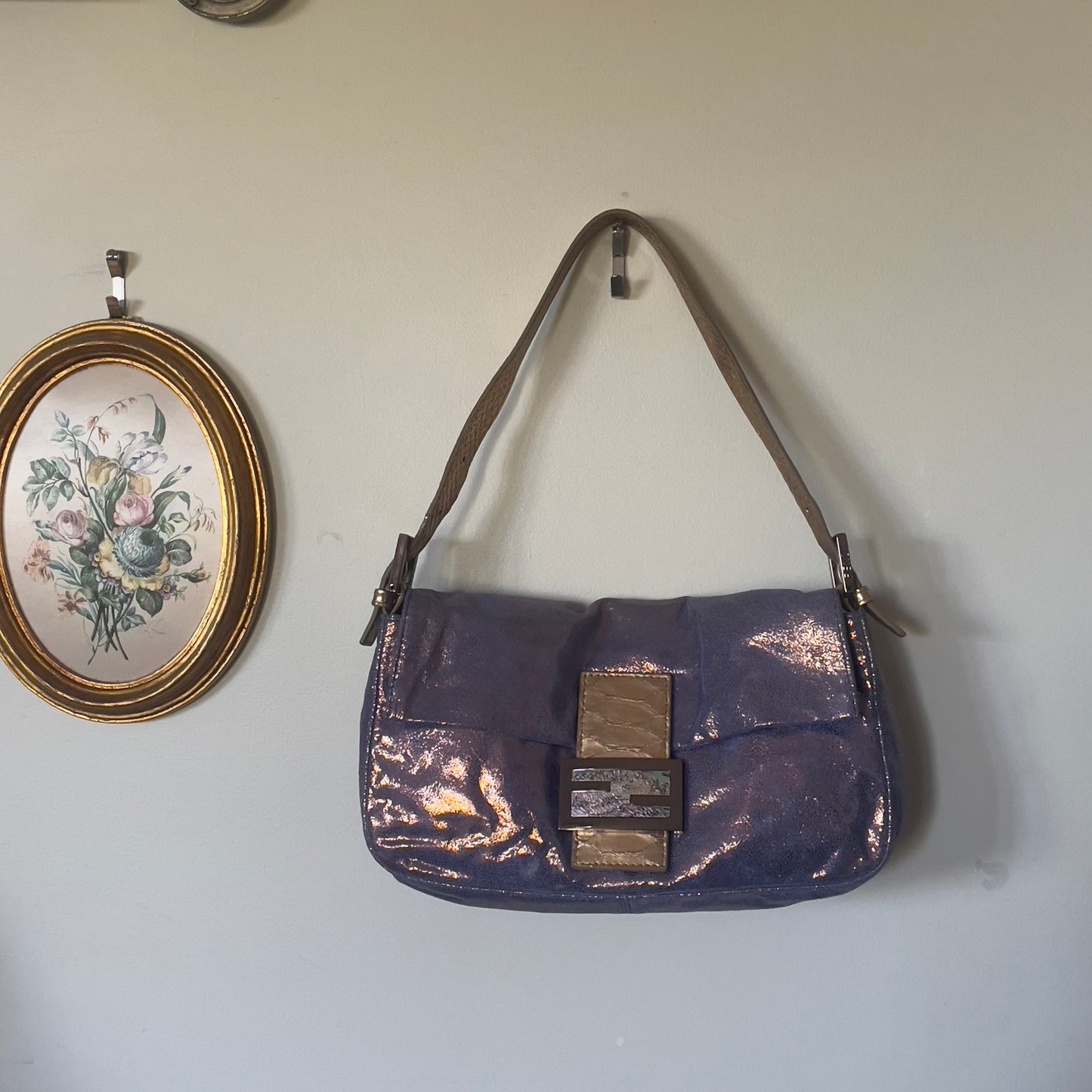 Fendi iridescent suede baguette with stone zucca