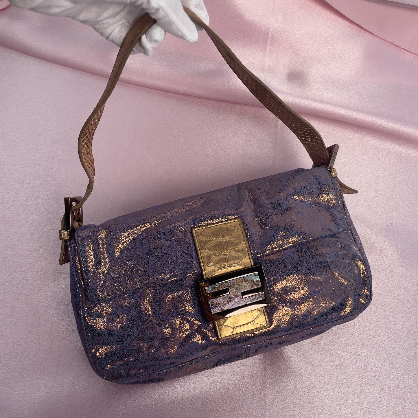 Fendi iridescent suede baguette with stone zucca