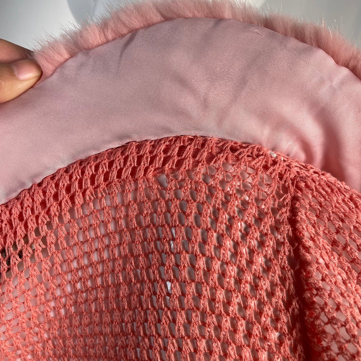 Blumarine pink cardigan with mink fur collar and floral beaded trim