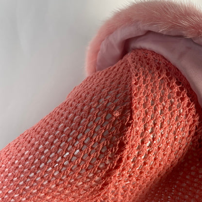 Blumarine pink cardigan with mink fur collar and floral beaded trim