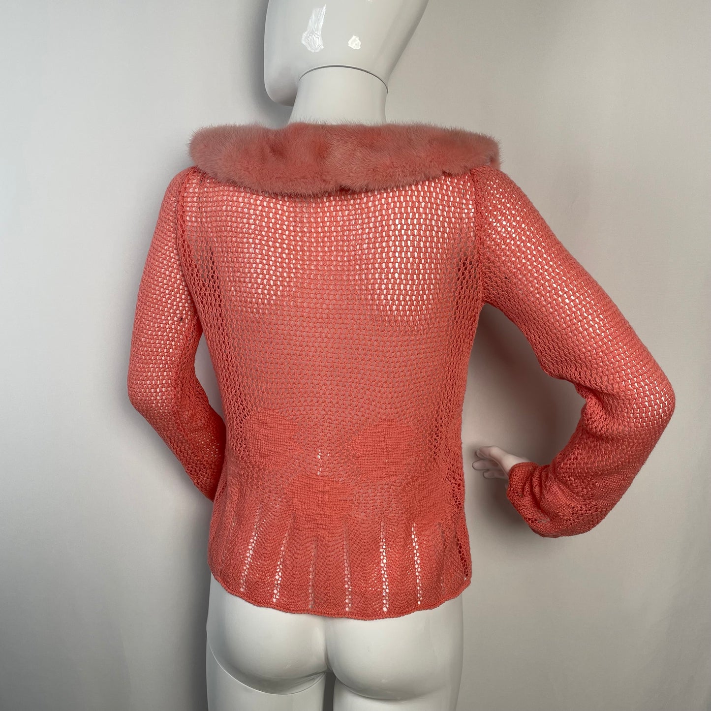 Blumarine pink cardigan with mink fur collar and floral beaded trim