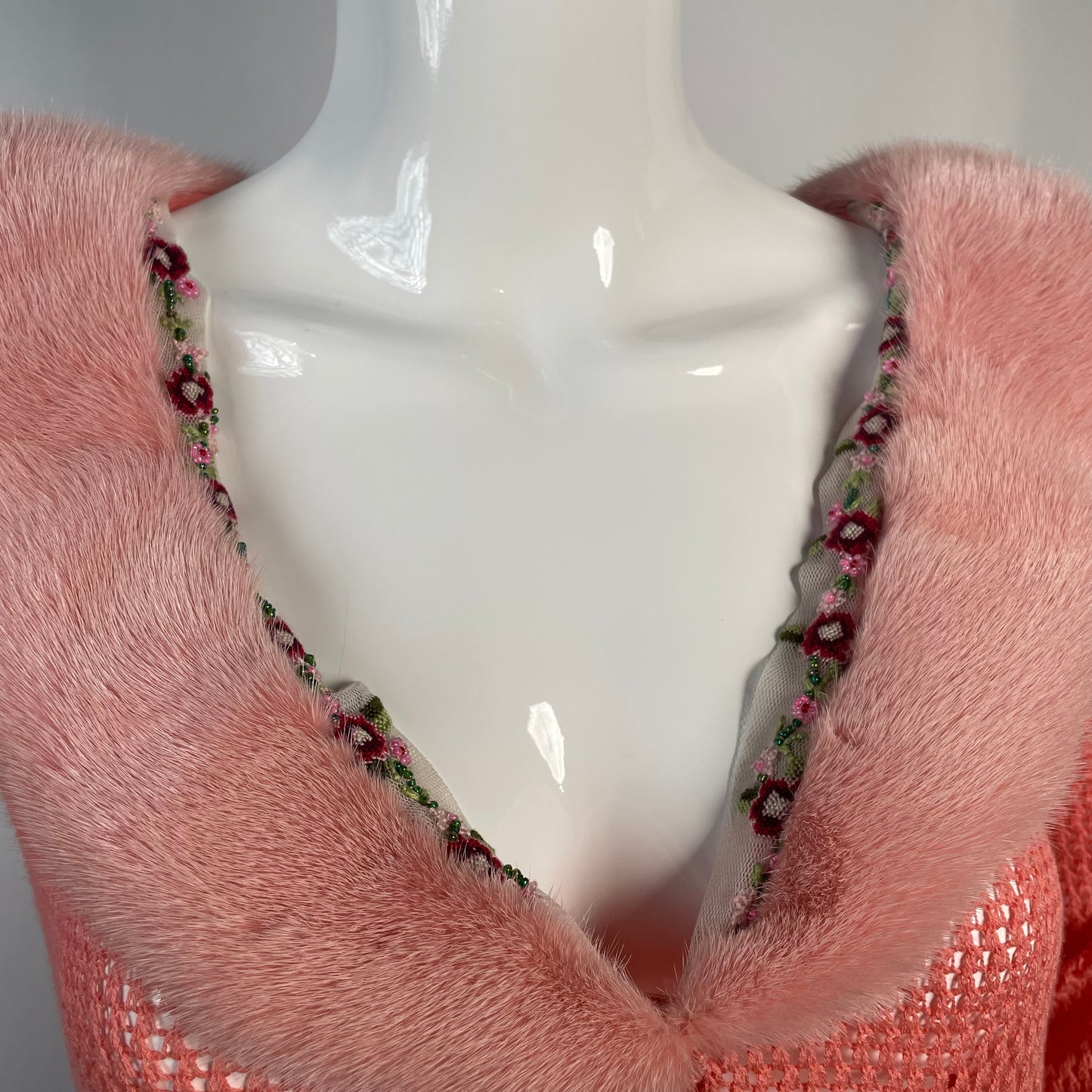 Blumarine pink cardigan with mink fur collar and floral beaded trim