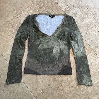 Roberto Cavalli FW 1999 leaf "Weed" V-neck top (S)